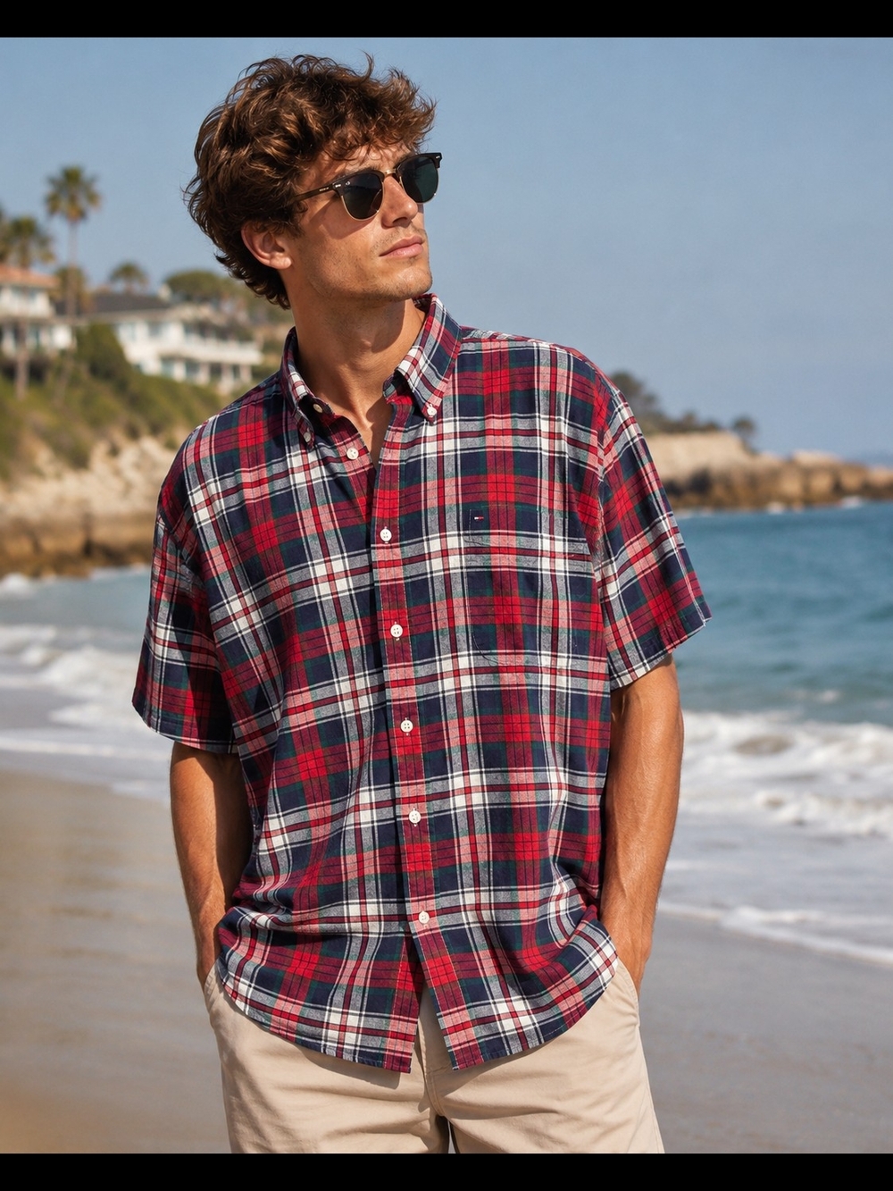 Tommy Hilfiger Shirt Mens XXL Red Tartan Plaid Linen Cotton Button-Down Preppy